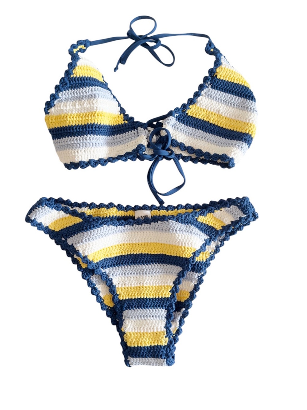 JMP The Label Blue Yellow White Stripe Crochet Carmen Top M Merida Bottom S